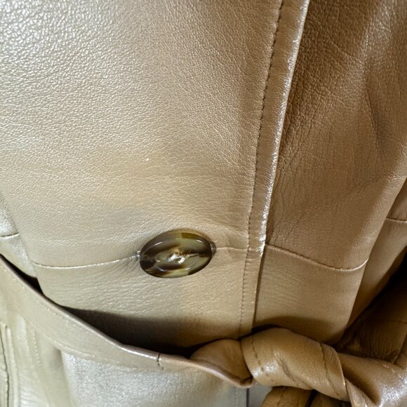 Vintage Chic Peruzzi Italy Caramel Brown Leather Tie Trench Coat Sz Lg - Picture 6 of 13